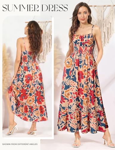 GRACE KARIN Summer Dresses for Women 2026 Vacation,Smocked Floral Maxi Dresses,Boho Beach Long Sundress Navy Brown XL