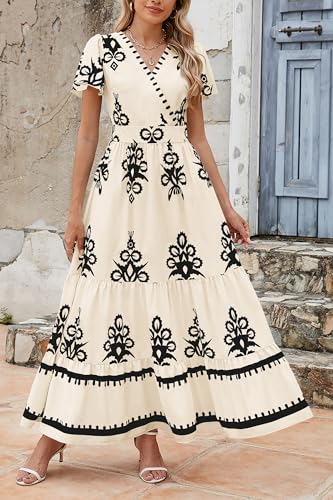 PRETTYGARDEN Womens 2026 Summer Casual V Neck Boho Maxi Dress Flowy Aline Bell Sleeve Tiered Floral Dresses with Pocket (Floral Apricot Black,Medium)