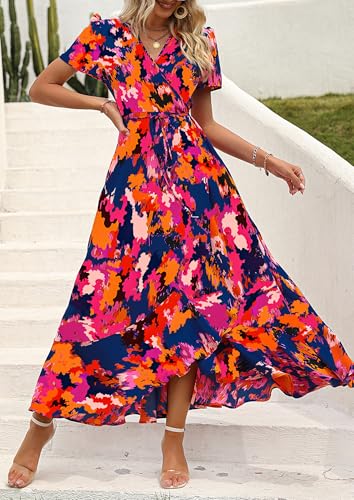 PRETTYGARDEN Women's Summer Wrap Maxi Dress Casual Boho Floral V Neck Short Sleeve Ruffle Hem Split Beach Long Dresses (Blue Orange Floral,X-Large)