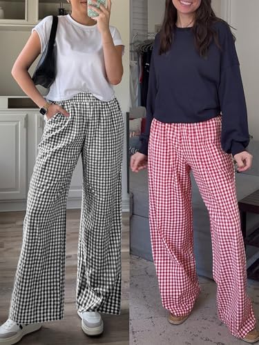 ANRABESS Womens Palazzo Pants, Striped & Gingham, Lounge & Casual, Cute Pajama Pants, Wide Leg, High Waisted, Pockets Black White Plaid Large
