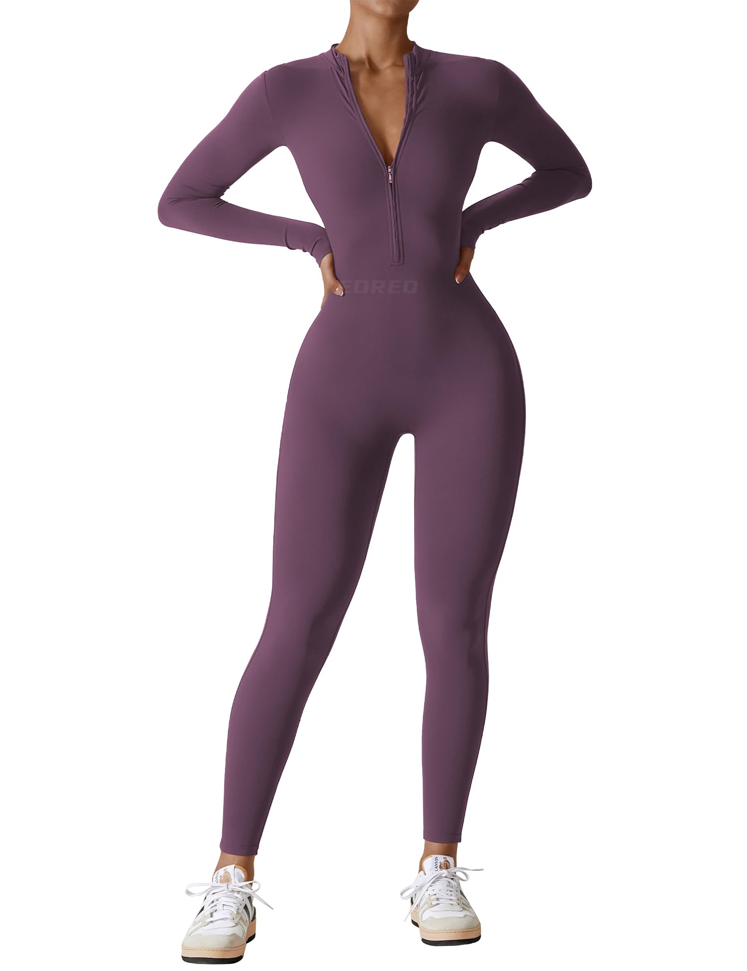 Women's Long Sleeve Workout Jumpsuit - Zip Up Bodycon Romper One Piece