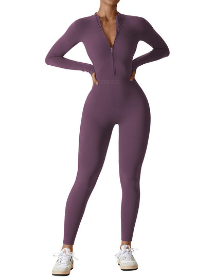 Women's Long Sleeve Workout Jumpsuit - Zip Up Bodycon Romper One Piece
