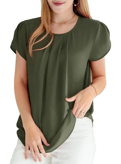 Polyester Blouses - Women's Chiffon Blouse Short Sleeve Pleated Top with Keyhole Back Detail