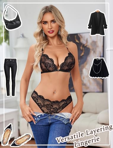 Avidlove Lingerie Sets for Women Sexy Lace Floral Bra Front Closure and Panty Set Wireless 2 Piece Underwear Outfits Black L
