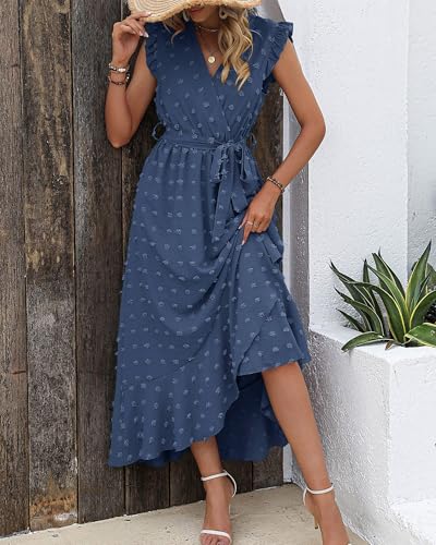 BTFBM Boho Dresses for Women 2026 Summer Fashion Cap Sleeve Swiss Dot Flowy Ruffle Beach Wedding Cocktail Maxi Dress(Blue, Large)