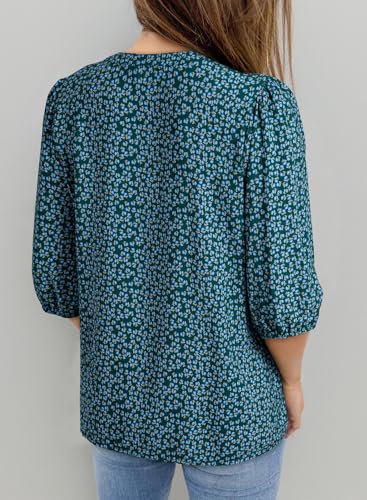 Dokotoo Summer Tops for Women Boho 3/4 Sleeve Shirts Button Down Tie V Neck Bohemian Floral Printed Babydoll Peplum Dressy Casual Ladies Elegant Loose Work Office Blouses Plus Size Green XX-Large