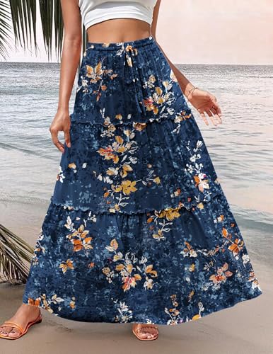 Zeagoo Womens Elastic High Waisted Skirts with Pockets Summer Long Maxi Skirts Women's Floral Printed A Line Skirts Womens Flowy Boho Tiered Skirts XL