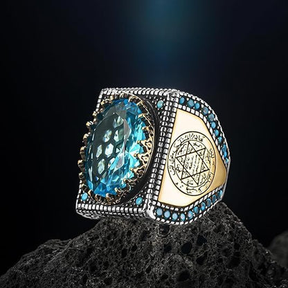 Takilingo Man Silver Aquamarine Stone Blue Aquamarine Stone Vintage Men Seal Of Solomon Prophet Star Of David Ring 925k Sterling Silver (10)