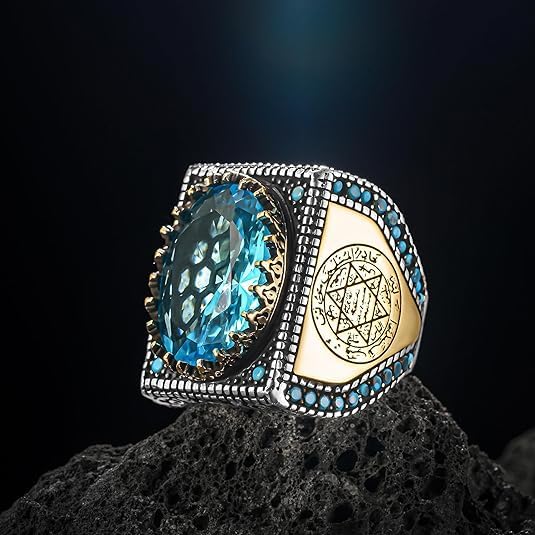 Takilingo Man Silver Aquamarine Stone Blue Aquamarine Stone Vintage Men Seal Of Solomon Prophet Star Of David Ring 925k Sterling Silver (10)