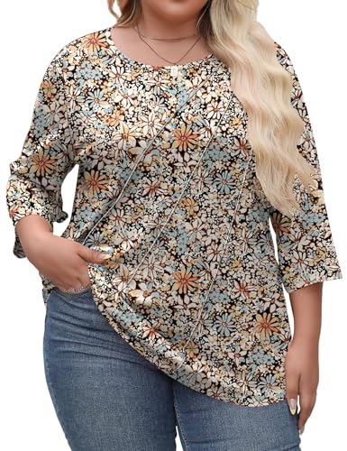 LOMON Spring Tops for Women 2026 Spring Fashion Boho Plus Size Womens Tops Elbow Sleeve Women Crew Neck Womens Fall Spring Summer Fashion 2026 Floral Boho 2X