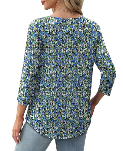 XIEERDUO Womens Tops Dressy Casual Summer 3/4 Length Sleeve Tops Women Blouses Early Spring Fashion Clothing Outfits 2026 Beach Vacation Spring Clothes F-Blue Floral XL