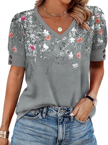 Womens Blouses Dressy Casual Short Sleeve Shirts Spring Business Work Floral Summer Tops Plus Size Fashion Clothing V Neck Tshirts Grey 2XL