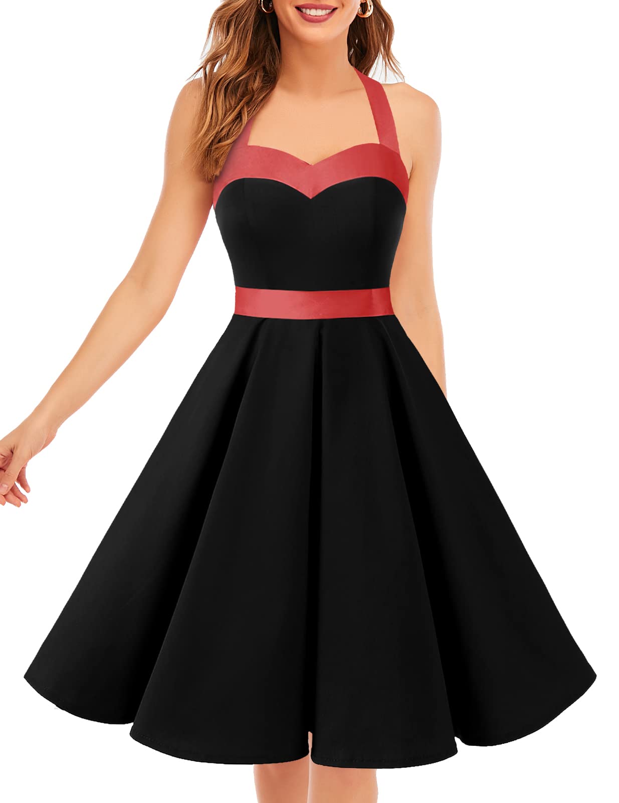 Vintage 1950s Cocktail Dress - Retro Halter Swing Dress for Party & Wedding Dm Black