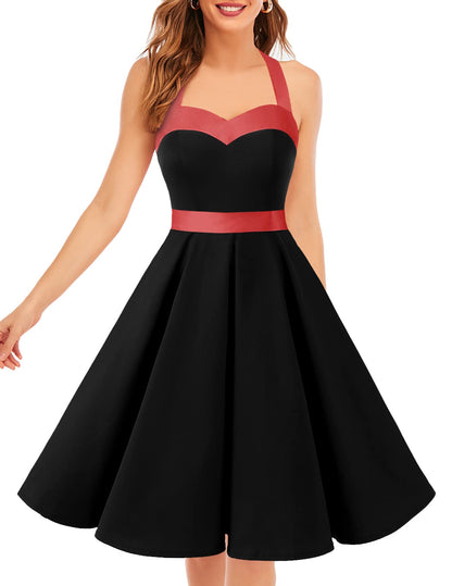 Vintage 1950s Cocktail Dress - Retro Halter Swing Dress for Party & Wedding