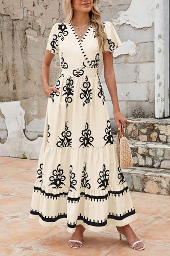 PRETTYGARDEN Womens 2026 Summer Casual V Neck Boho Maxi Dress Flowy Aline Bell Sleeve Tiered Floral Dresses with Pocket (Floral Apricot Black,Medium)