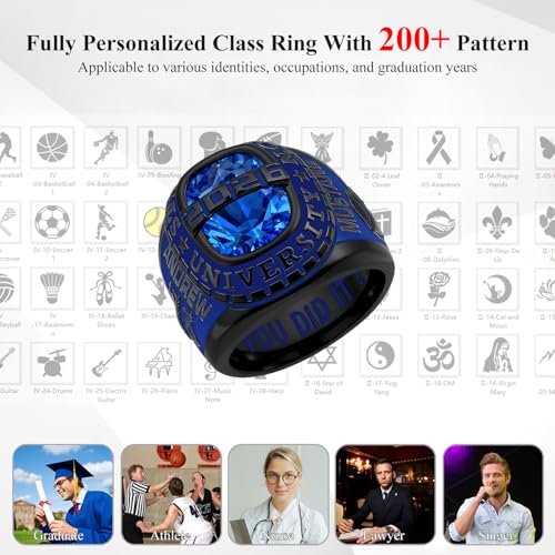 Lypic Personalized Class Ring for Men 925 Silver Sterling Black High School Rings with Birthstone Customized Graduation Ring for Men (Black, Fluted Blue) 02