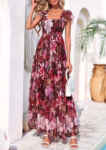 PRETTYGARDEN Women's Summer Tulle Midi Dress Sleeveless Smocked Ruffle Flowy Mesh Dresses Party Wedding Guest Sundress (Floral Brown Pink,Medium)