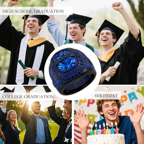Lypic Personalized Class Ring for Men 925 Silver Sterling Black High School Rings with Birthstone Customized Graduation Ring for Men (Black, Fluted Blue) 02