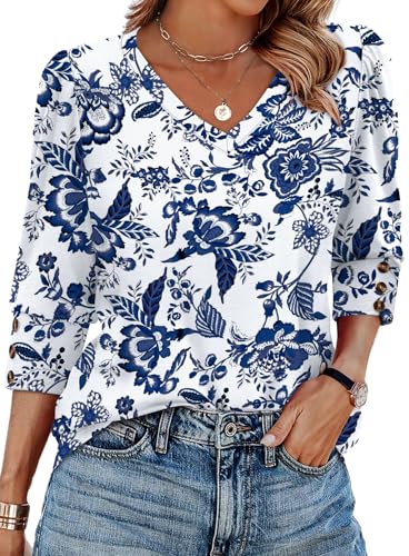 XIEERDUO Plus Size Womens Clothing Summer Tops 2026 Beach Fashion Vacation Clothes 3/4 Length Sleeve Womens Tops Fall Fashion Outfits Blouses Shirts F-White Tribal Blue Floral XXL