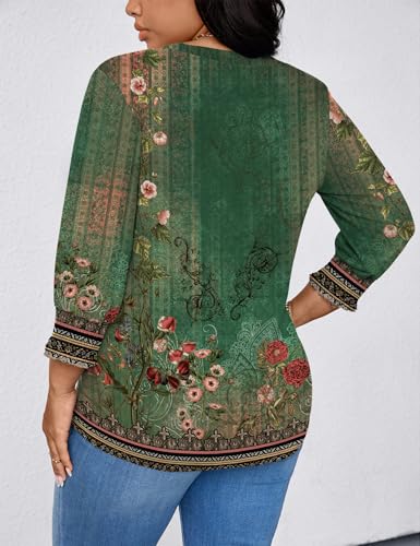 TFSDOD Boho Tops for Women Spring Fashion 2026 3/4 Sleeve V Neck T Shirts Womens Tops Plus Size Western Wear for Women Boho Green 3X