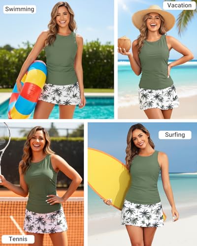 Daci Womens Green Palm Tree Tankini Swimsuits with Skirt - Two Piece Tummy Control Bathing Suits High Neck Swimwear L
