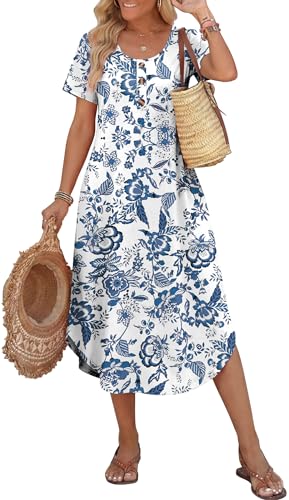 OFEEFAN Summer Dresses for Women 2026 Casual Elegant Beach Vacation Outfits Resort Wear Midi Maxi Spring Dresses Blue Floral Dress Fashion Clothing XL