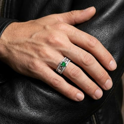 LYTTMAB Claddagh Ring For Men, Lab Created Green Emerald Sterling S925 Silver Irish Celtic Knot Ring Men's Wedding Band Promise Engagement Ring Size 9