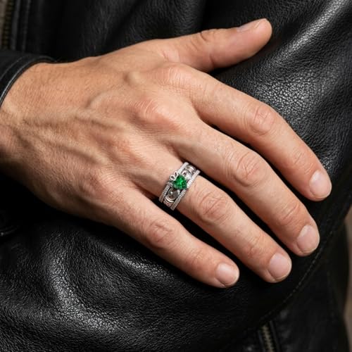 LYTTMAB Claddagh Ring For Men, Lab Created Green Emerald Sterling S925 Silver Irish Celtic Knot Ring Men's Wedding Band Promise Engagement Ring Size 9