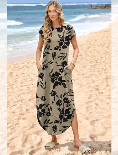 WIHOLL Cap Sleeve Crewneck Tshirts Maxi Dresses for Women 2026 Elegant Classy Floral Dress with Pockets Spring Dresses Work Teacher Outfits Vacation Resort Wear L