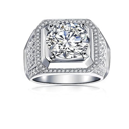 Men Moissanite Ring 5 Carats Solitaire Diamond Wedding Sterling Silver with 18K White Gold Plated D Color VVS1 Clarity Brilliant Round Cut Moissanite Engagement Anniversary Jewelry for Men Size 11.5