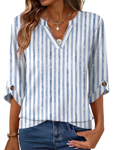 Kistore 3/4 Length Sleeve Shirts for Women Casual Spring Tunic Tops Work Blouses Blue White Stripes L