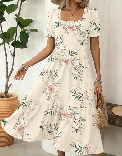 Zeagoo Casual Dress Summer Aline Dresses Short Sleeve Midi Sundresses Womens T-Shirt Dresses Square Neck Floral Vacation Dress with Pockets L