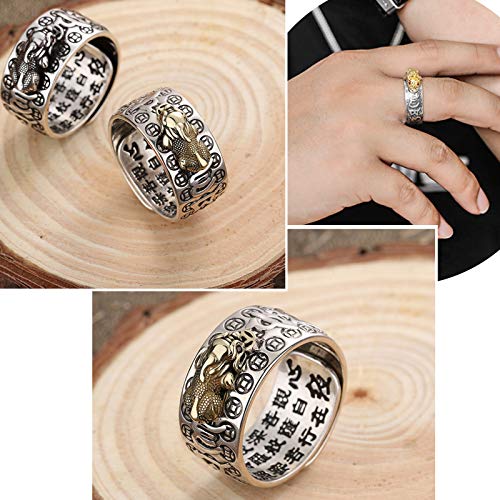 HJ HUAJ 925 Sterling Silver Feng Shui PiXiu Adjustable Ring MANI Mantra Protection Wealth Ring