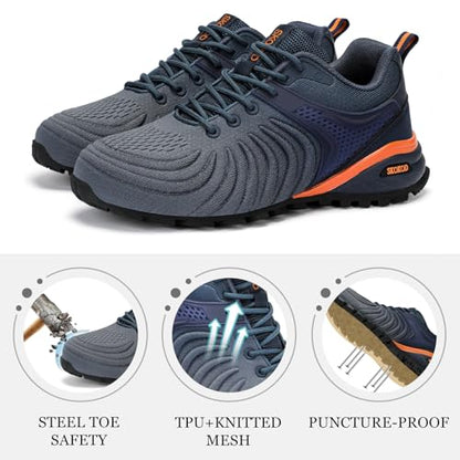 SKOKOD Men's Steel Toe Shoes Composite Work Safety Casual Fashion Sneakers Industrial Construction Comfortable Puncture Proof Indestructible Grey 9