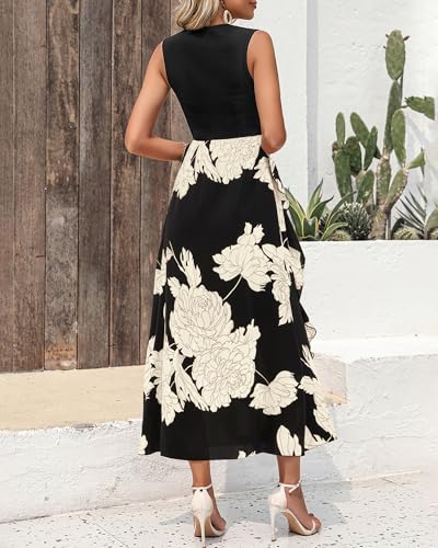 BTFBM Summer Dresses for Women 2026 Casual Spring Floral Sleeveless Ruffle Boho Cocktail Wedding Guest Party Midi Dress(White Floral Black, Medium)
