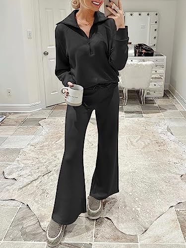 ANRABESS Women 2 Piece Outfits 2025 Fall Fashion Airport Wide Leg Pants Lounge Set Leisure Travel Vacation Clothes Sweatsuits Black Large