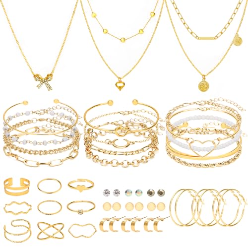 NEWITIN 49 Pieces Gold Jewelry Set for Women Fashion Costume Jewelry Gold Plated Necklace Bracelet Ring Earrings Set for Women
