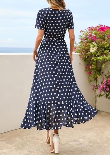 PRETTYGARDEN Women's Boho Floral Maxi Dress Summer Short Sleeve Wrap V Neck Long Flowy Beach Vacation Wedding Guest Dresses (Dot Navy White,Large)