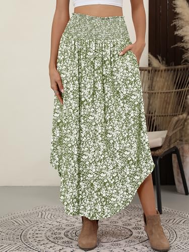 ANRABESS Women's Maxi Skirts Summer Boho Floral High Waisted Flowy Swing Pleated Beach Long Skirt with Pockets Green Large