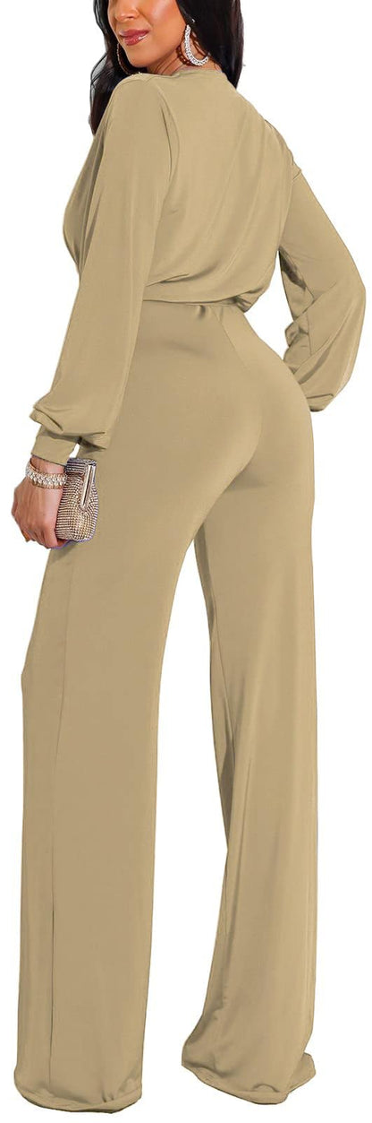 shengfan Formal Jumpsuits for Women Dressy Evening Sexy Deep V Neck Plus Size Long Wide Leg Pants Rompers Clubwear