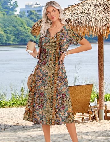 Zeagoo Women Summer Dress with Pocket Casual Short Sleeve Floral Midi A-Line Flowy Beach Vacation 2026 Tropical Boho Loose Henley V Neck