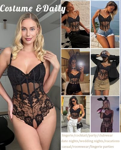 Avidlove Lingerie for Women Sexy Lace Body Suits Mesh Bodysuit V Neck Teddy See Through Tops Bridal Lingeries Top Black XL