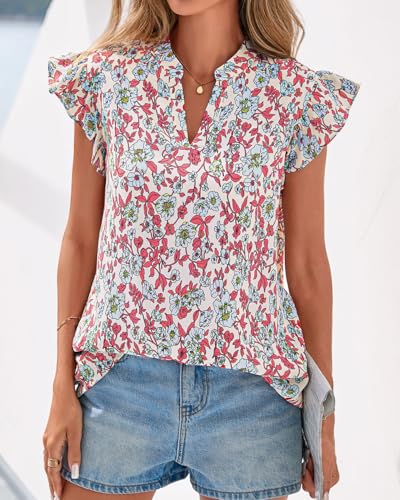 Zenlonr Womens Dressy Casual Tops 2026 Summer Ruffle Cap Sleeve V Neck Shirts Boho Floral Blouses Vacation Outfits(Floral Beige Multi,Large)