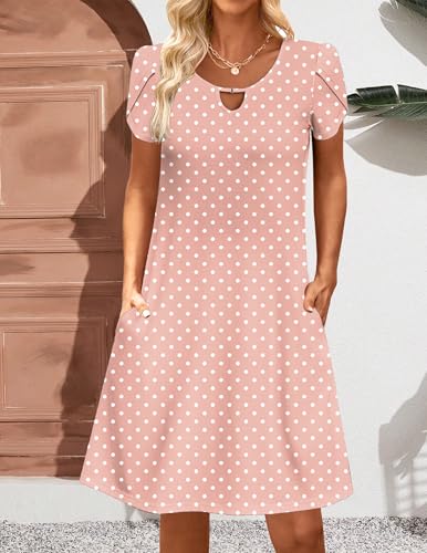 Zeagoo A Line Dresses for Women T Shirts Dress Short Sleeve Shift Dresses Womens Flutter Dress 2026 Knee Length Floral Sun Dresses Round Dot XL