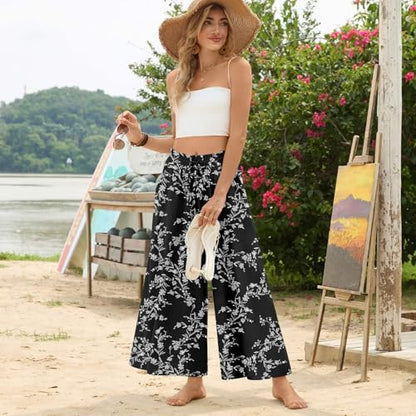 Bestbee Womens Plus Size Palazzo Pants Dressy Casual Wide Leg Gaucho Pant Business Flowy Slacks Elastic Waist with Pockets, 2XL, Black-White Flower