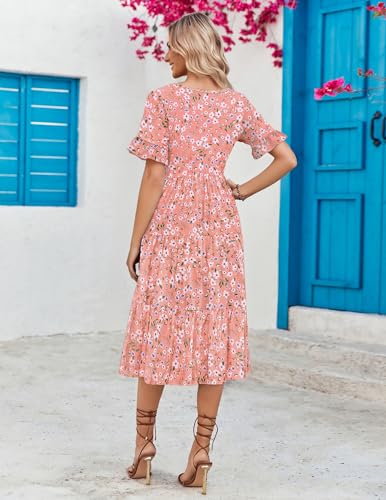 Zeagoo Women's Summer Flowy Midi Dress Casual Ruffle Sleeve V Neck Beach Dress Tiered Floral Flowy Beach Dress