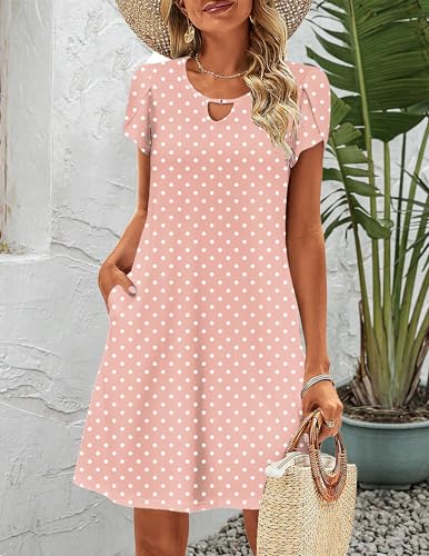 Zeagoo A Line Dresses for Women T Shirts Dress Short Sleeve Shift Dresses Womens Flutter Dress 2026 Knee Length Floral Sun Dresses Round Dot XL