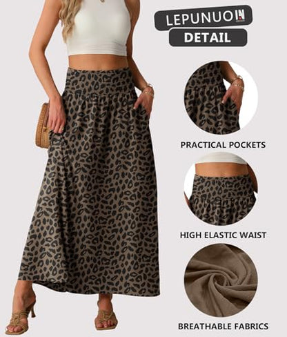 Lepunuo Maxi Skirts Womens High Smocked Waisted Flowy Gypsy Skirts with Pockets
