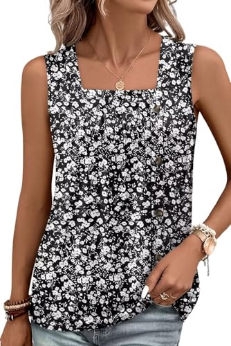 KISSMODA Breezy Floral Top - Soft Square Neck Panel Gathers & Matte Buttons, Black White, Matches Cargo Bermudas for Coastal Hikes & Biker Shorts for Outdoor Yoga L