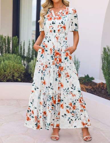 ZESICA Women's 2026 Summer Spring Floral Boho Maxi Dresses Casual Short Sleeve V Neck A Line Flowy Beach Vacation Dress Ivory Medium